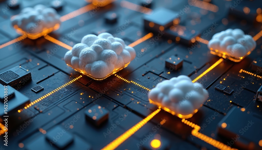 Poster abstract digital illustration shows interconnected cloud nodes on circuit board. bright orange data 