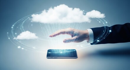 Hand Interacting with Digital Cloud Interface on Smartphone