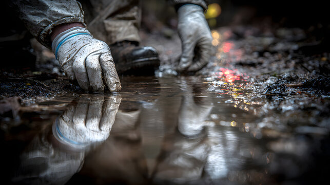A forensic scientist, wearing gloves, analyzes evidence on a wet ground, capturing the intensity and focus inherent to the scientific pursuit of solving crimes and mysteries.