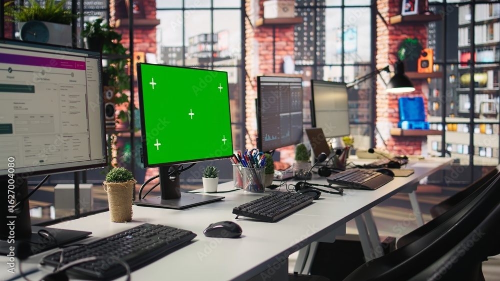 Poster green screen mockup computer in office next to displays showing data analytics dashboards. chroma ke