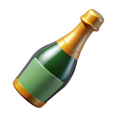 A festive green glass champagne bottle with a golden foil cap and a blank label isolated on transparent background