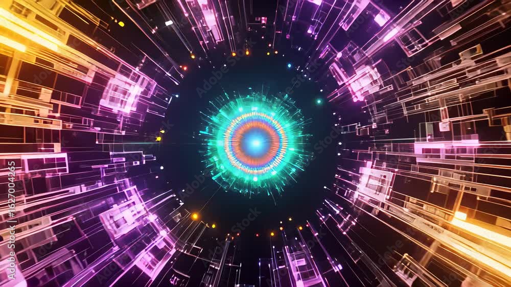 Poster dynamic zoom into a vibrant circular burst of colorful technology showcasing energy and innovation i