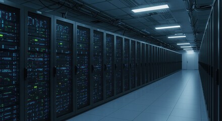 Endless data servers array in a modern computer center with blue atmosphere