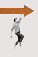 Composite zine art pop trend collage of happy businessman stand arrow development aim success chance opportunity promotion