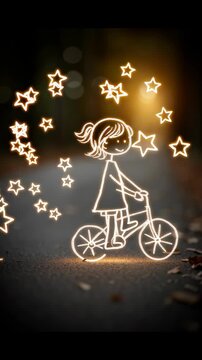 A neon-style illustration of a child riding a bicycle on a path with a trail of glowing stars, at dusk.
