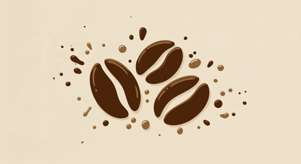 Vector illustration of three roasted coffee beans with liquid coffee splashes. Creative graphic icon for a cafe or beverage menu.