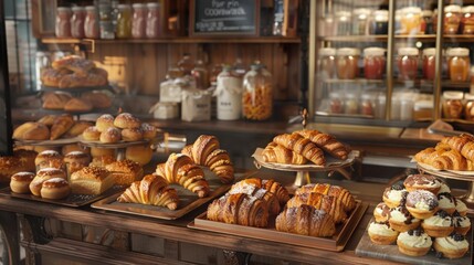 Bakery display case filled with a variety of French pastries
