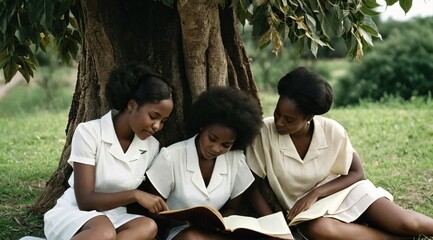 Empowering African Women Through Education - Three Female Students Reading Books Together Under Tree