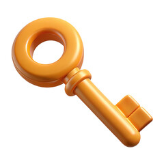 A bright orange vintage style key with a large circular bow and a detailed bit isolated on transparent background