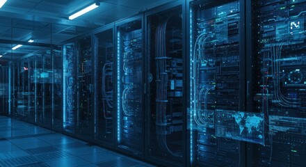 Illuminated server room featuring advanced data center infrastructure equipment