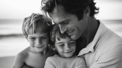 A man is hugging two young boys on a beach. Scene is warm and loving, as the man is showing affection towards the children
