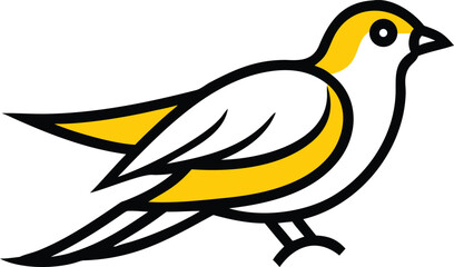 Isolated yellow and white stylized bird with black outlines sits quietly looking forward