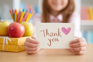 girl holding thank you card with pink heart at school table