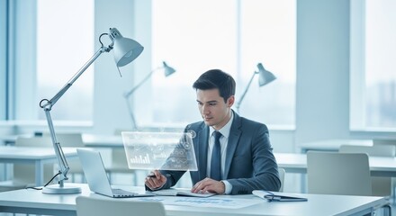 Focused professional analyzes data on laptop with holographic display.
