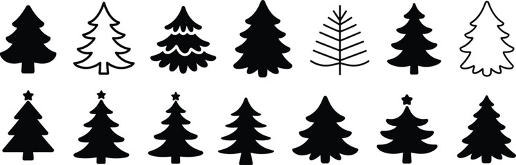Christmas tree silhouette set, black vector icons of festive trees with stars and decorations, holiday design for winter, celebration, and decor