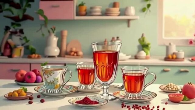 Red-hued beverages in pastel kitchen setting. Soft lighting highlights fruit and herbal drinks. Use for product photography, social media, or digital ads.