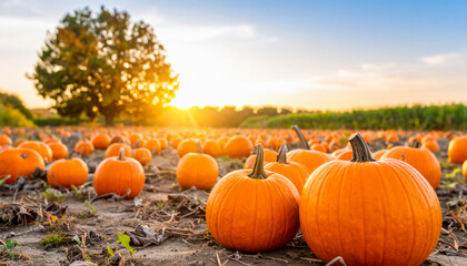 Golden hour sunset over a sprawling pumpkin patch. Ripe orange gourds dot the agricultural field, ready for autumn harvest and seasonal celebrations.