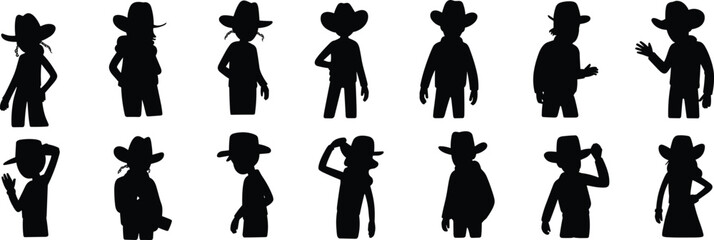 Cowboy silhouette set, black vector icons of western men in hats, various poses for design, culture, fashion, and illustration