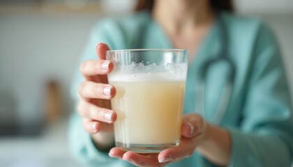 Close-up of person holding glass with oral rehydration solution ORS. Soft background clean well-lit kitchen or hospital room. Medical care for hydration therapy.