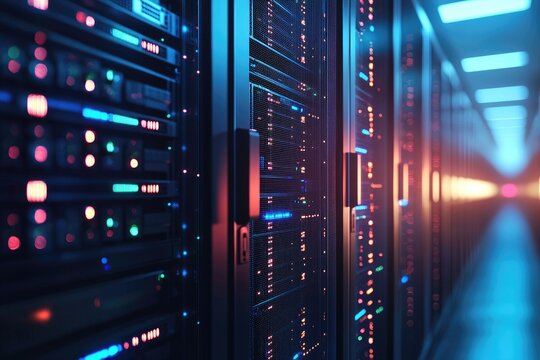 High-tech data center server corridor with glowing red and blue LED lights on modern racks, perfect for illustrating cloud infrastructure, cybersecurity, and digital technology themes