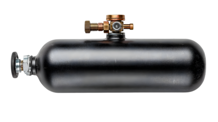 A black metal cylinder with a valve and fitting on a black background in horizontal position