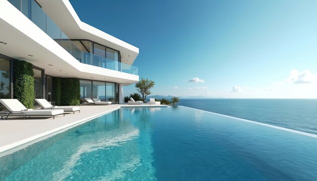 Modern luxury villa with infinity pool, stunning ocean view. Sunny day, clear blue sky over tranquil water. Contemporary architecture, elegant design, rich plants, white lounge chairs.