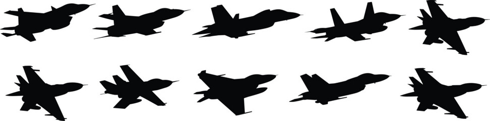 Fighter jet silhouette set, black vector icons of military aircraft in various angles, aviation design for war, transport, and defense