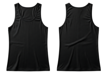 Black sport tank top mockup, front and back view for design. Isolated on transparent background, png