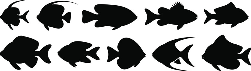 Fish silhouette vector set, black aquatic animal icons of diverse species, ocean design for nature, wildlife, education, and fishing