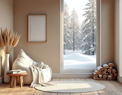 Fototapeta Cozy winter living room with hazelnut walls, soft white decor, wood accents. Large window shows snowy forest scene with pine trees. Bean bag chair, wooden stool with books, round rug create