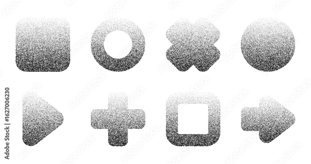 Aufkleber set of black geometric shapes with noise grain texture. abstract dotted vector design element. dotwo