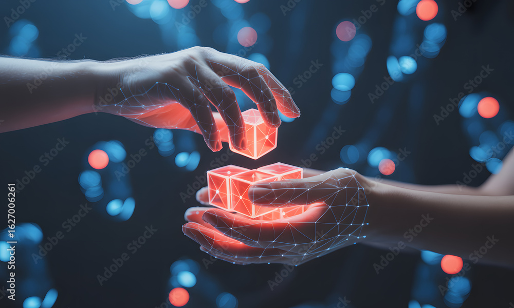 Aufkleber tech hands with cubes: an eye-level shot portrays hands connecting illuminated cubes, set against a 