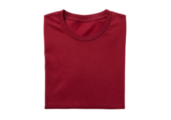 Folded red crew neck t-shirt, top view merchandise mockup. Isolated on transparent background, png