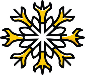 Isolated yellow snowflake with black outline displays winter beauty on a white background