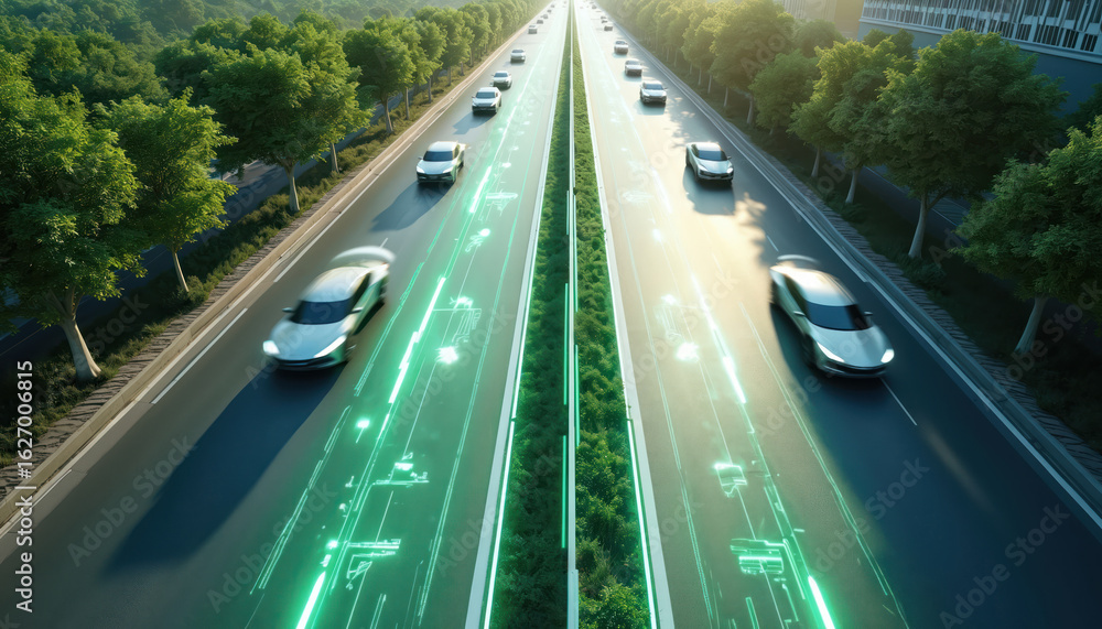 Poster aerial view of smart highway with ai traffic control systems. cars move along road with glowing gree