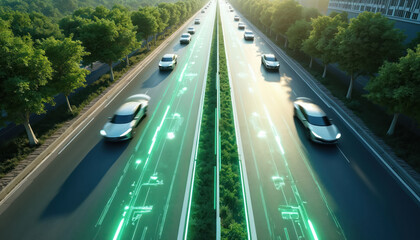 Aerial view of smart highway with AI traffic control systems. Cars move along road with glowing green digital data streams. Advanced transportation network features intelligent automation, futuristic