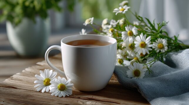 Enjoying a warm cup of herbal tea infused with aromatic plants, surrounded by fresh floral elements. This soothing beverage highlights nature's essence, providing a tranquil experience