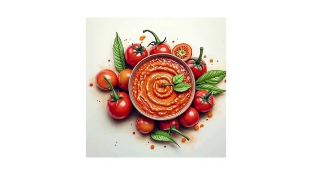 Red sauce and tomatoes present vibrant food photography. The illustration works for digital menus, blog backgrounds, or social media posts.