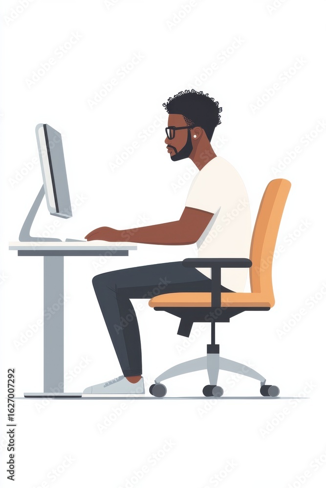 Poster man working at a desk using a computer in a workspace