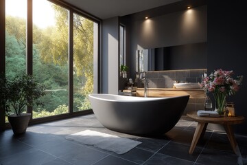 Modern bathroom with tranquil forest views.