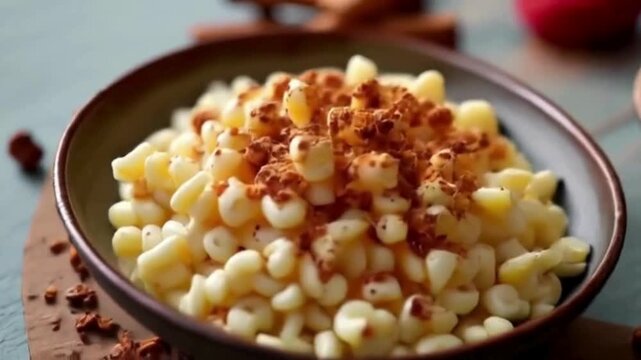 Creamy, textured Aşure displays soft light, perfect for Turkish food blog, restaurant menu, or social media promotion.