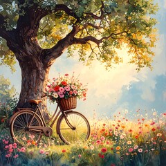 Fototapeta premium A vintage bicycle with a basket of flowers rests beneath a large tree in a sunlit meadow filled with wildflowers.