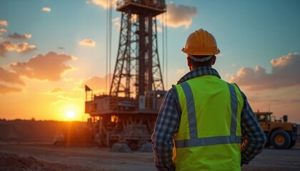 Mining supervisor in hard hat, safety vest observes drilling operation at sunset. Heavy machinery, yellow bulldozer present. Industrial site with dramatic orange sky, clouds. Career, job, project