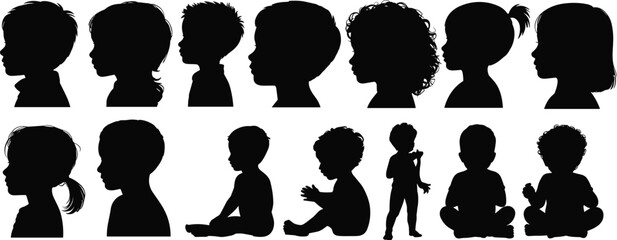 Set of child silhouettes, diverse hairstyles and poses, seated and standing kids, black vector illustration for education, design, art