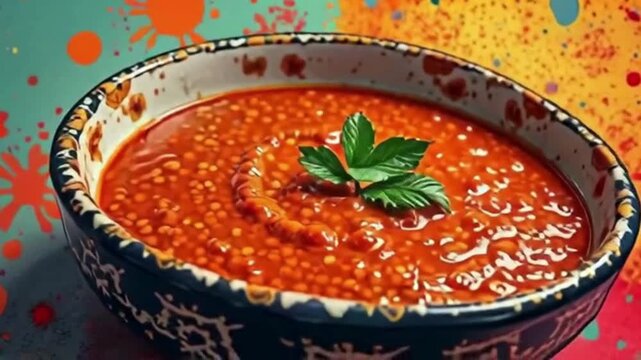 Red soup glistens with oil, served in traditional bowl. Ideal for food photography, menu design.