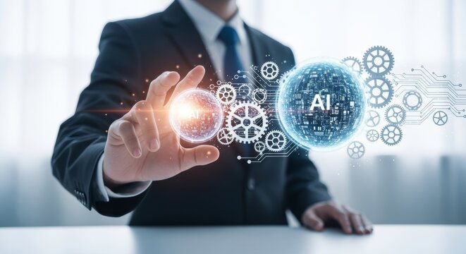 Professional Interacting with Futuristic Artificial Intelligence Interface