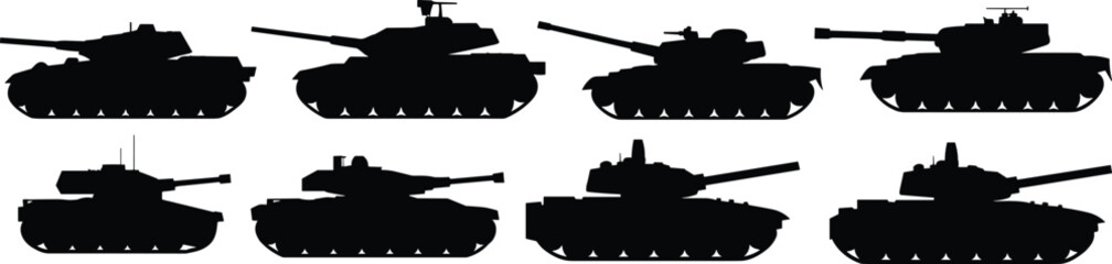 Set of eight black tank silhouettes, military vehicle icons, varied turret and barrel designs, vector war illustration for defense themes © Rifat Creatives