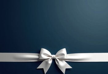 Dark blue festive background with white satin bow and ribbon, gift card template