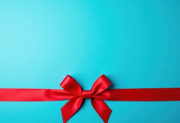 Blue festive background with red satin bow and ribbon, gift card template