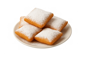Powdered sugar-covered beignets resting on ceramic plate, highlighting classic new orleans dessert delicacy with authentic french quarter culinary style
